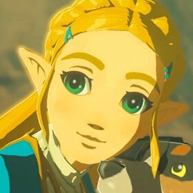 An image of Zelda from Breath of the Wild, smiling next to a dog.