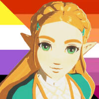 Icon of Zelda from Breath of the Wild, edited over the lesbian and nonbinary flags.