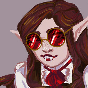 Digital art of a vampire woman with red tinted sunglasses.